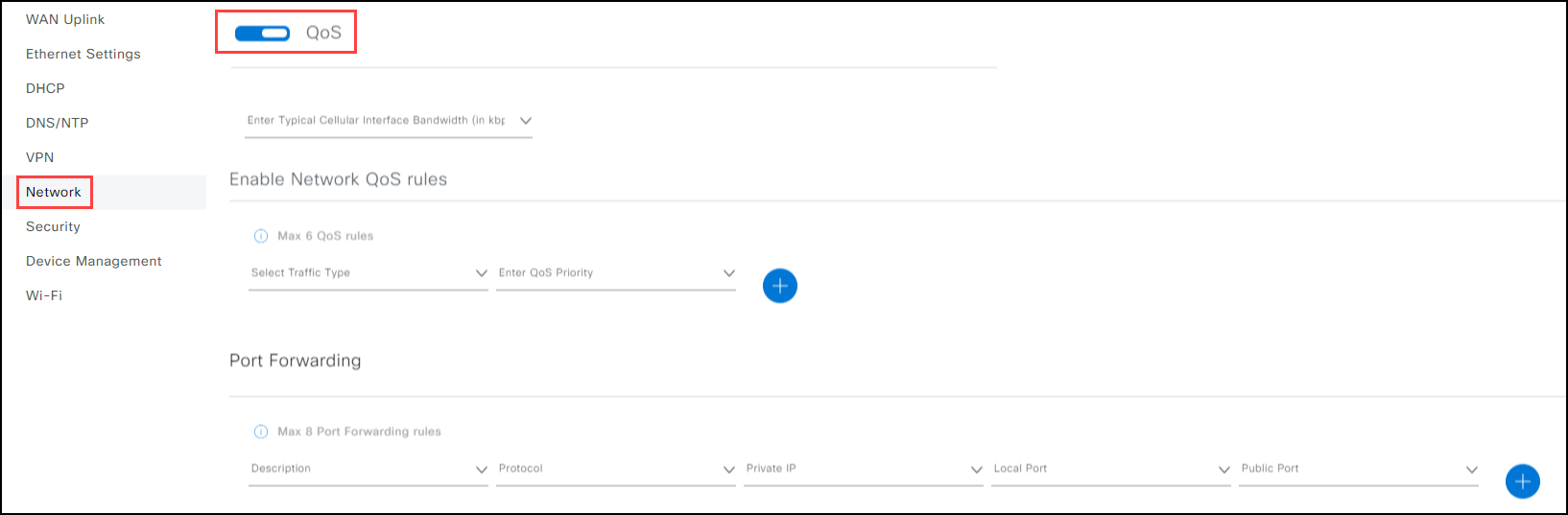 Network settings screen