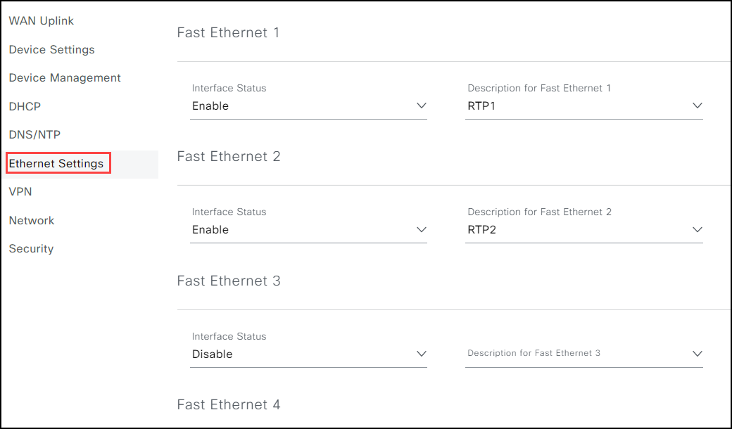 IR1101 Ethernet Settings screen