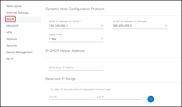 DHCP settings screen