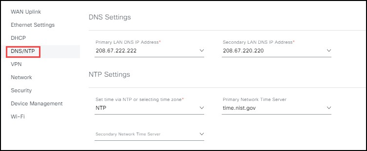 DNS/NTP screen