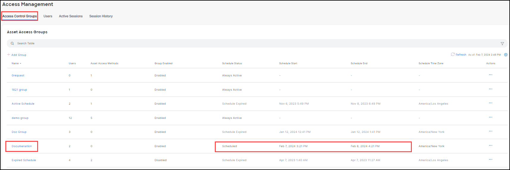 Scheduled group and Status