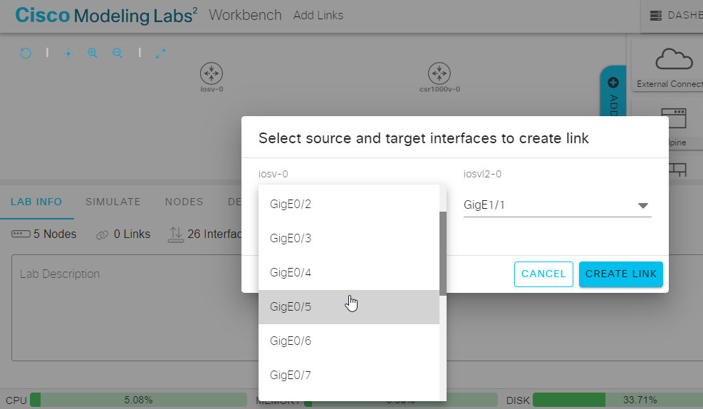 Interface selection dialog for a new link in the Workbench