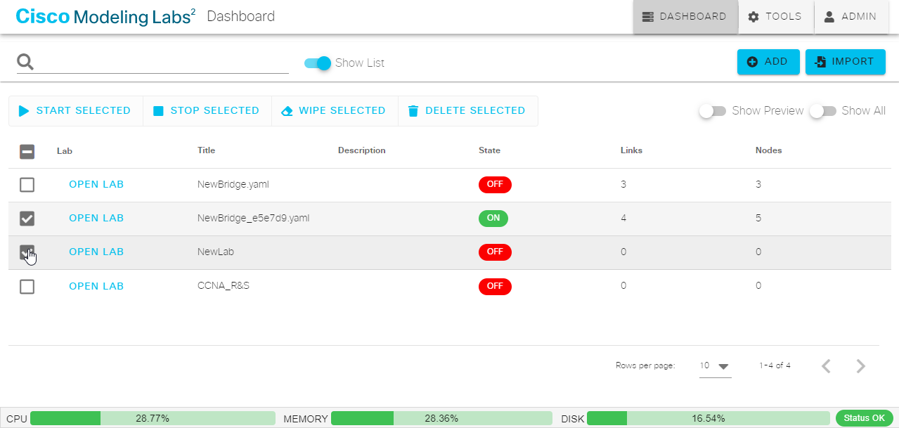 Selecting multiple labs in the Dashboard