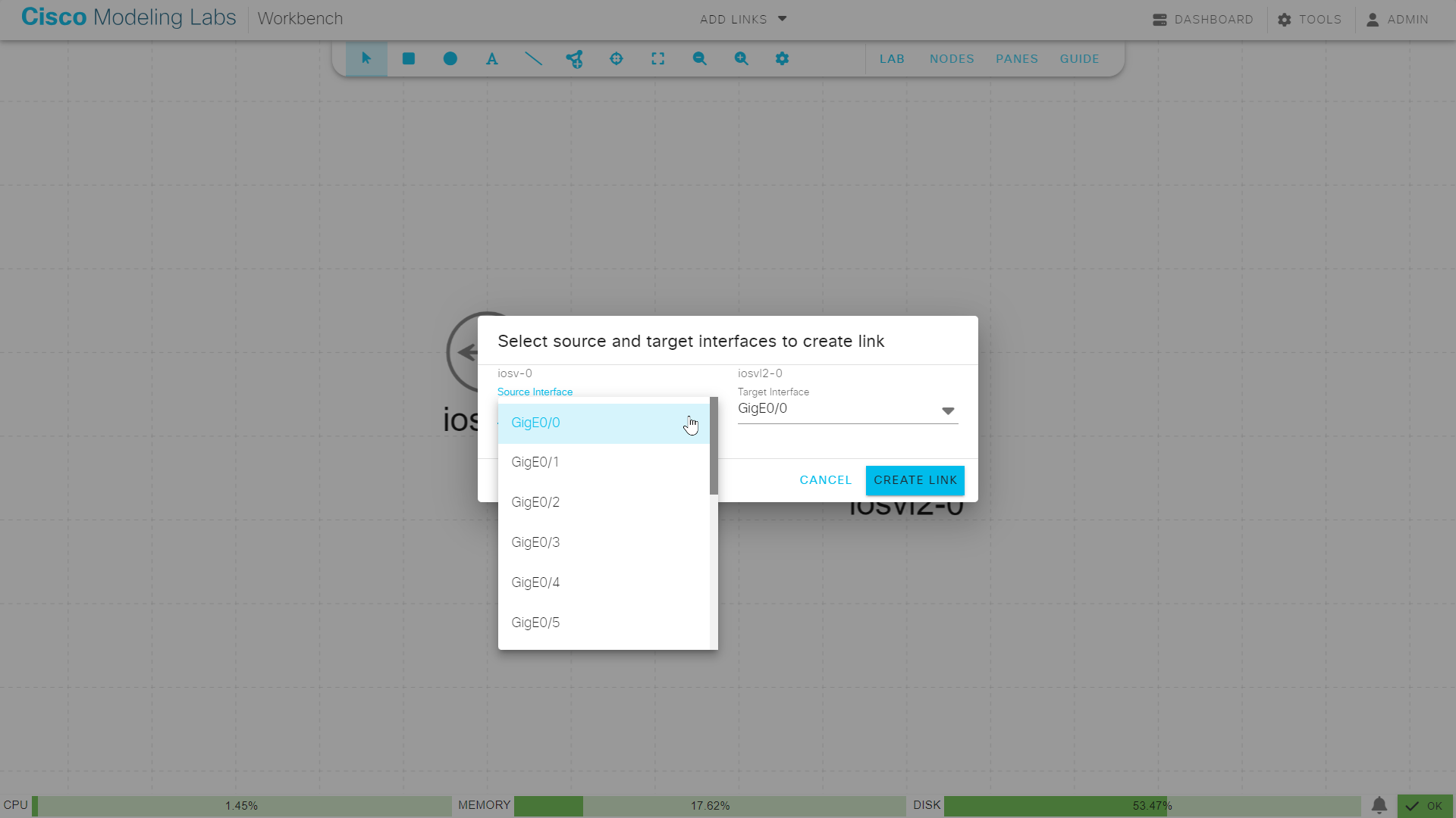 Selecting the interfaces on each end of the new link
