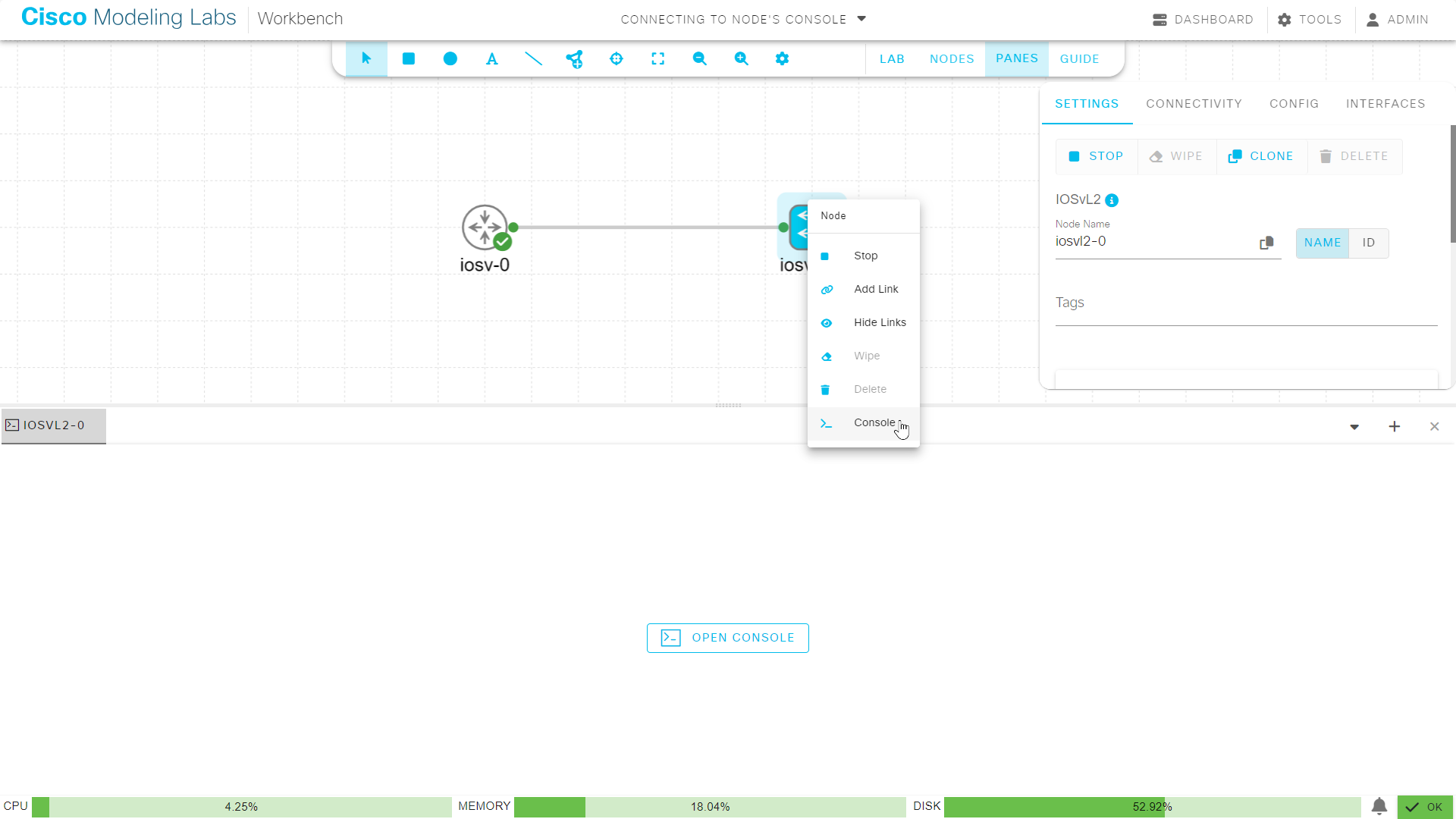 Using the node's right-click menu to open the Console pane