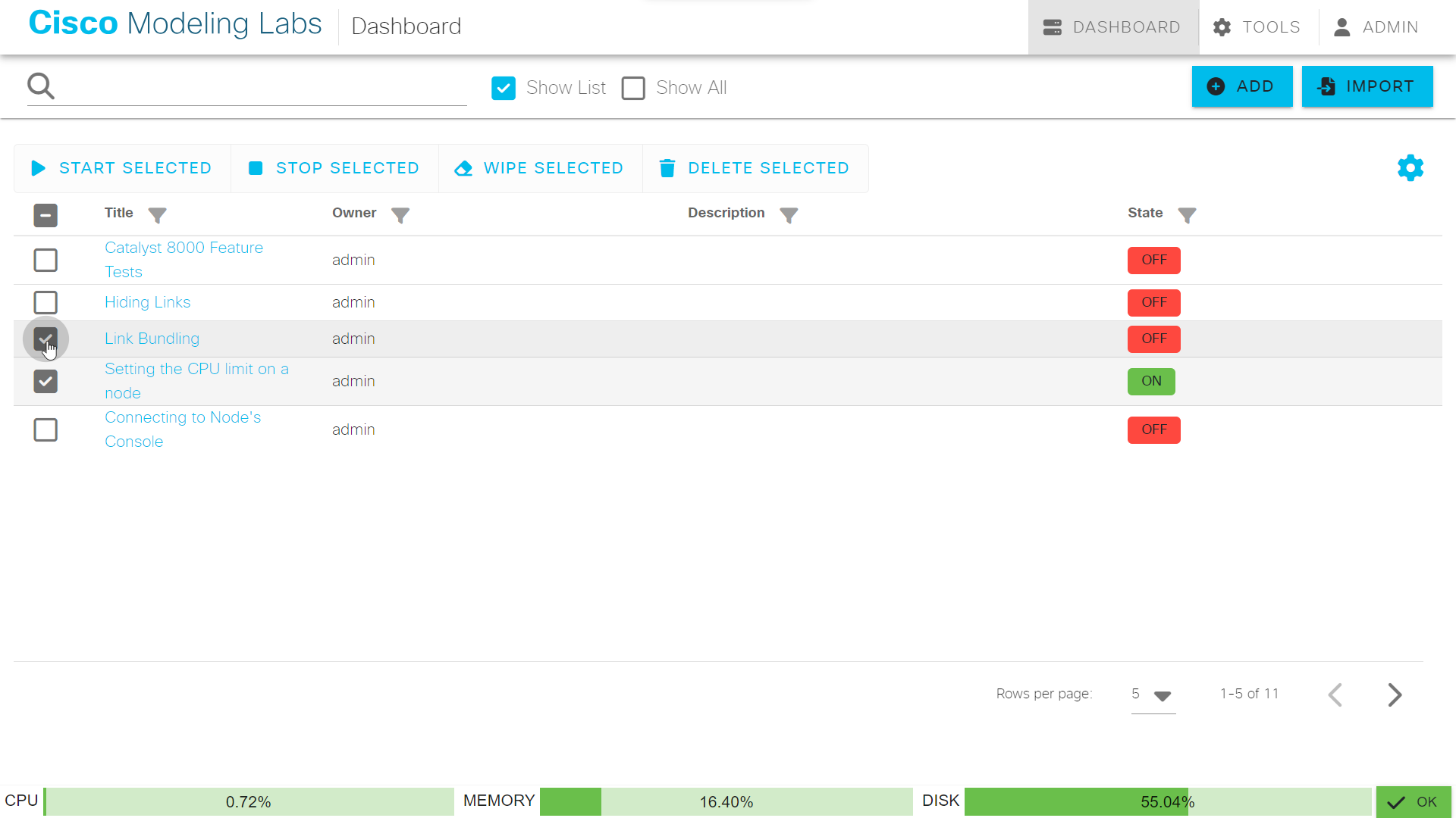 Selecting multiple labs in the Dashboard