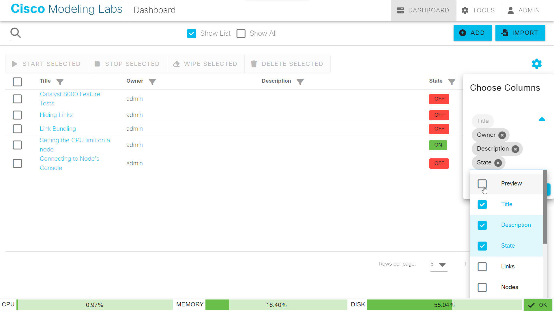 List view for Dashboard