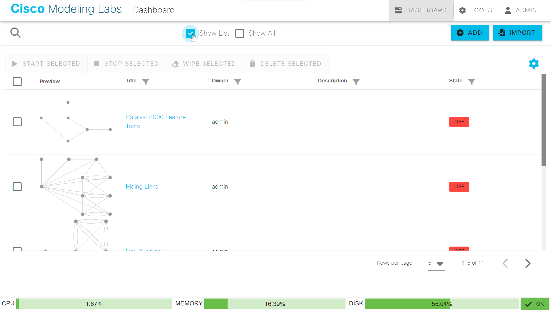 List view for Dashboard