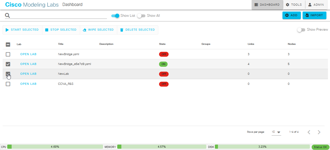 Selecting multiple labs in the Dashboard
