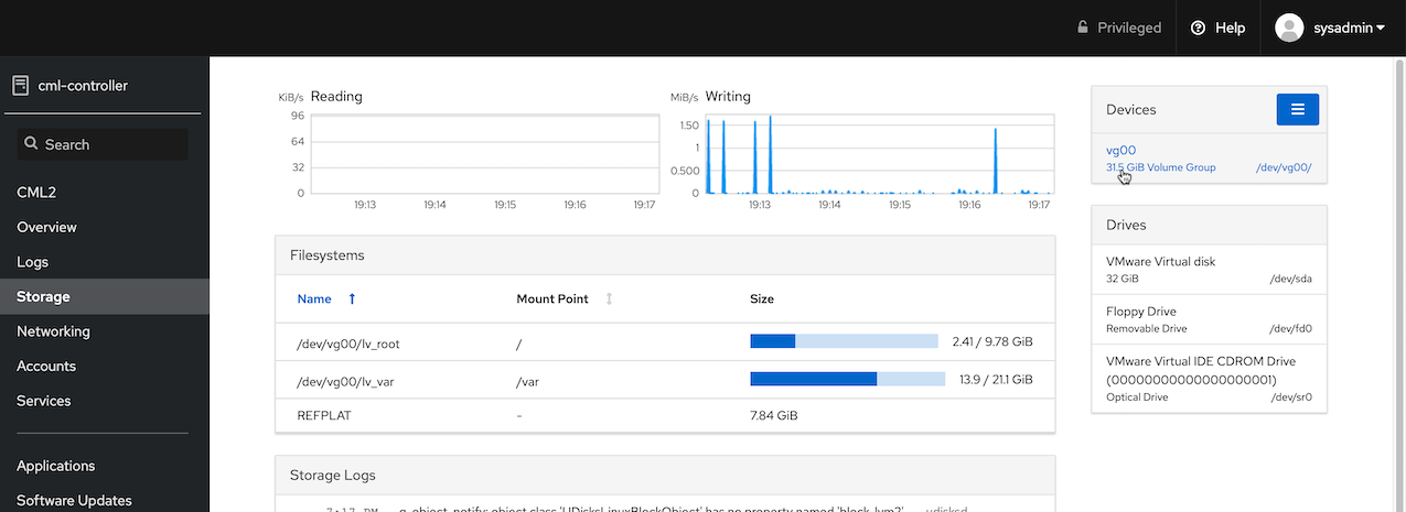 Selecting the volume group on the Storage page