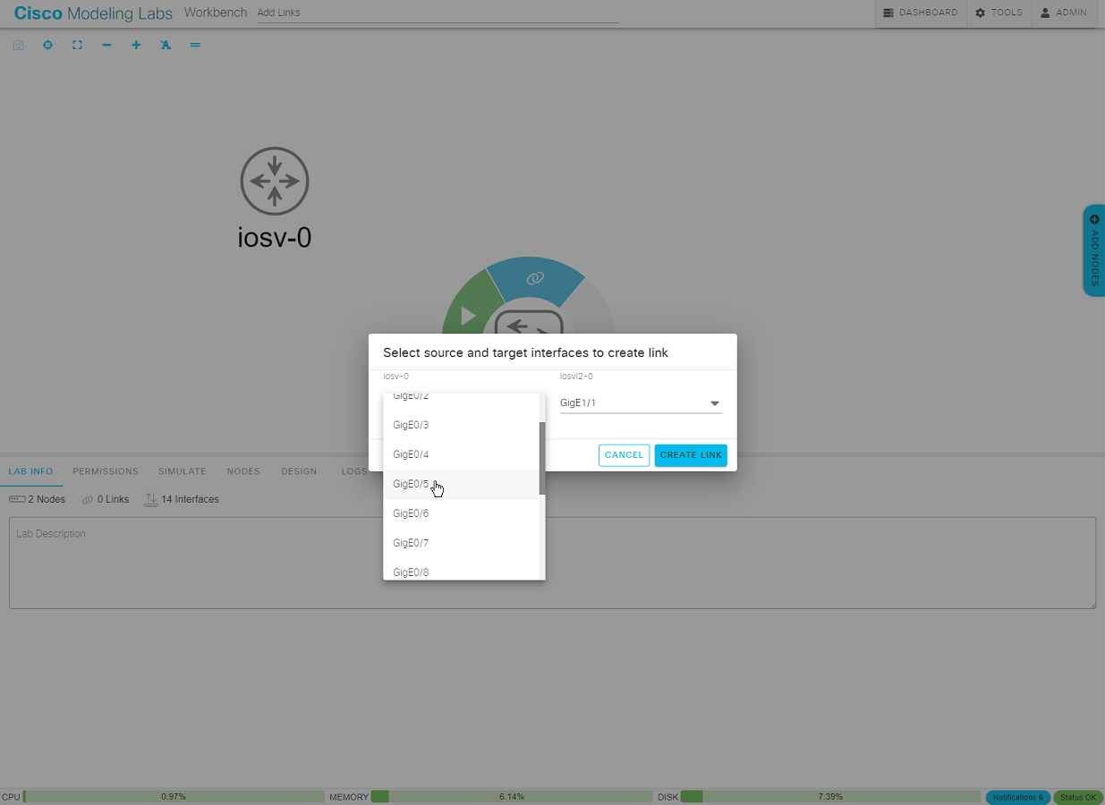 Selecting the interfaces on each end of the new link