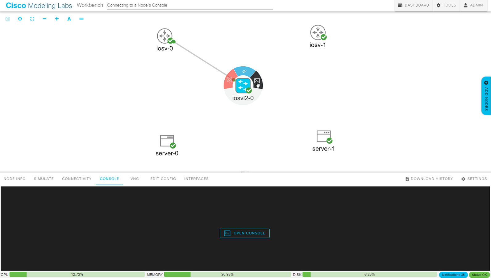 Using the node's action ring to open the Console pane