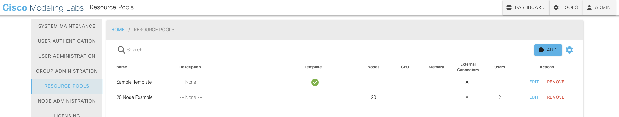 Table of Resource Pools and Templates