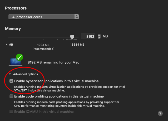 Figure 3. VMware Fusion CPU Settings