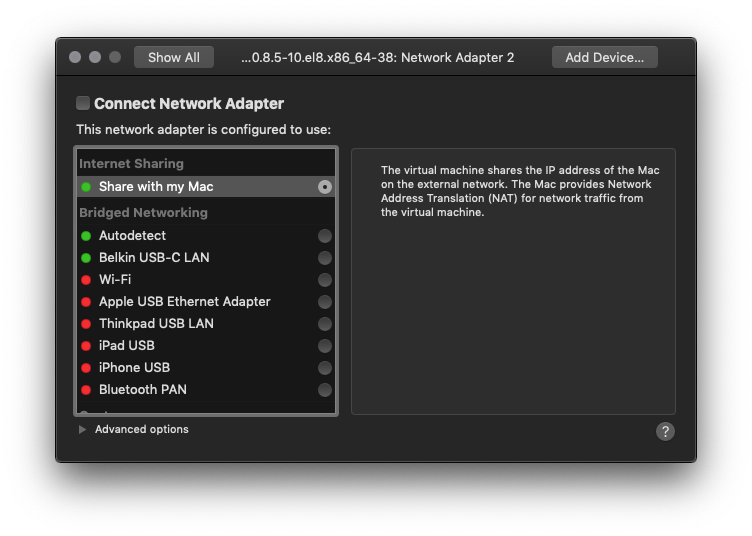 VMware Fusion: setting properties for the new network adapter