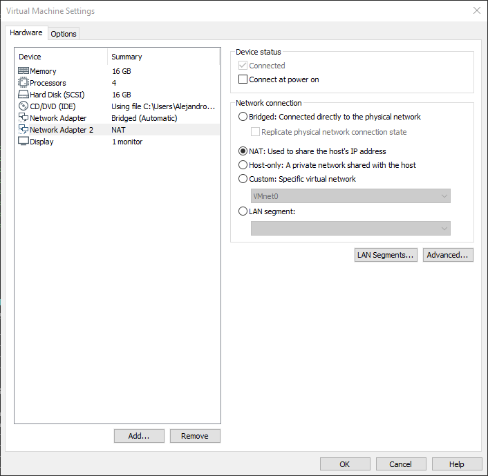 VMware Workstation: setting properties for the new network adapter