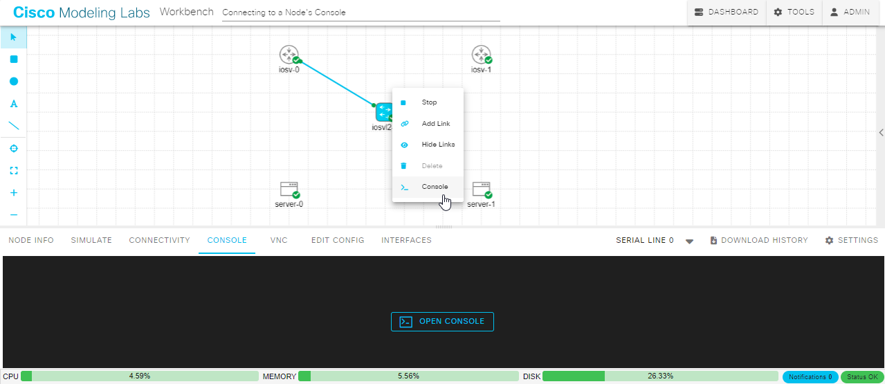 Using the node's context menu to open the Console pane