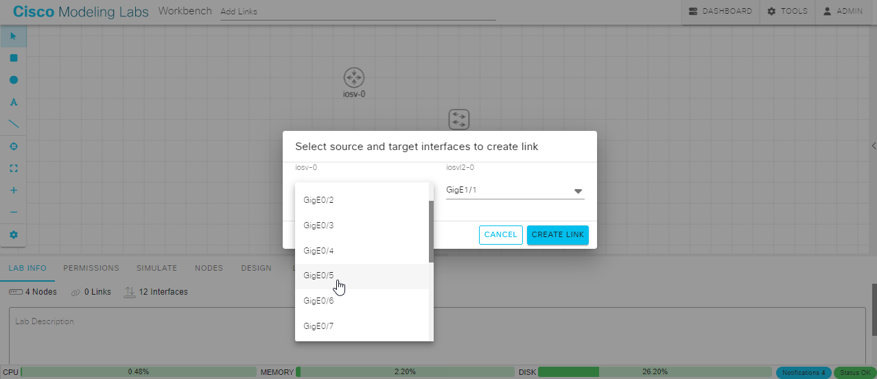 Selecting the interfaces on each end of the new link