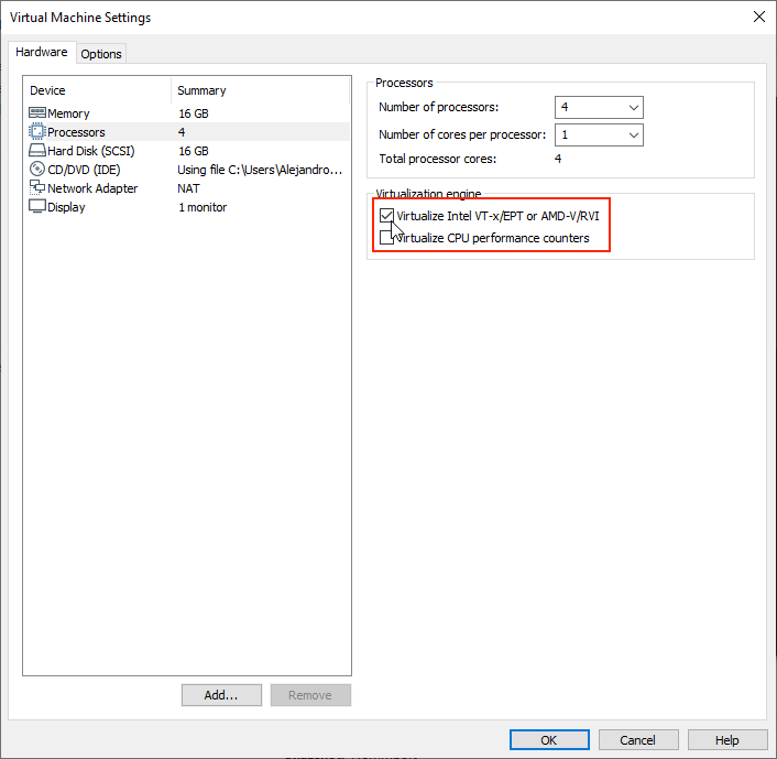 Figure 1. VMware Workstation CPU Settings