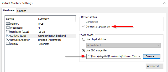 Figure 2. VMware Workstation CD/DVD settings