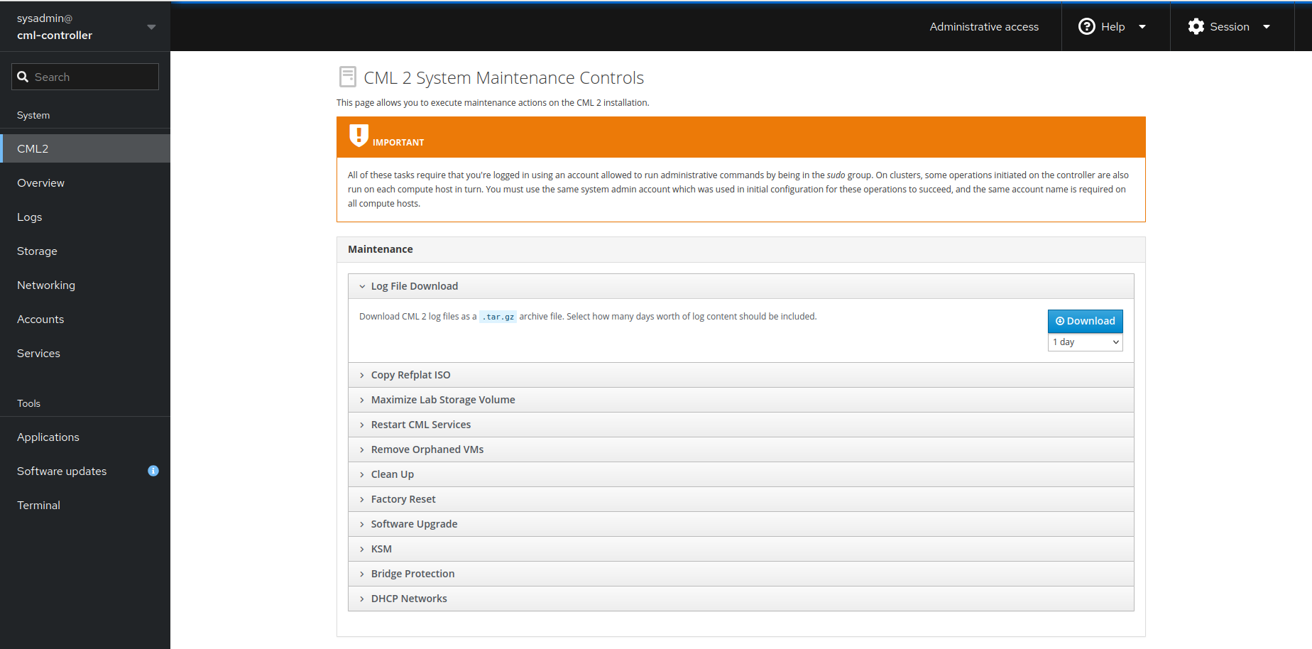 Administrative access indicator for current login since release 2.8.0