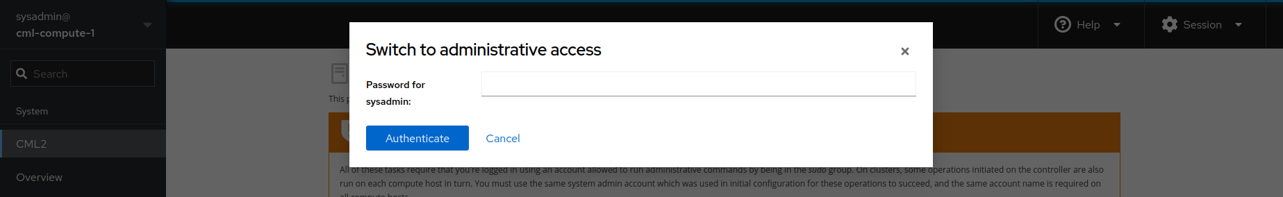 Administrative access credentials dialog