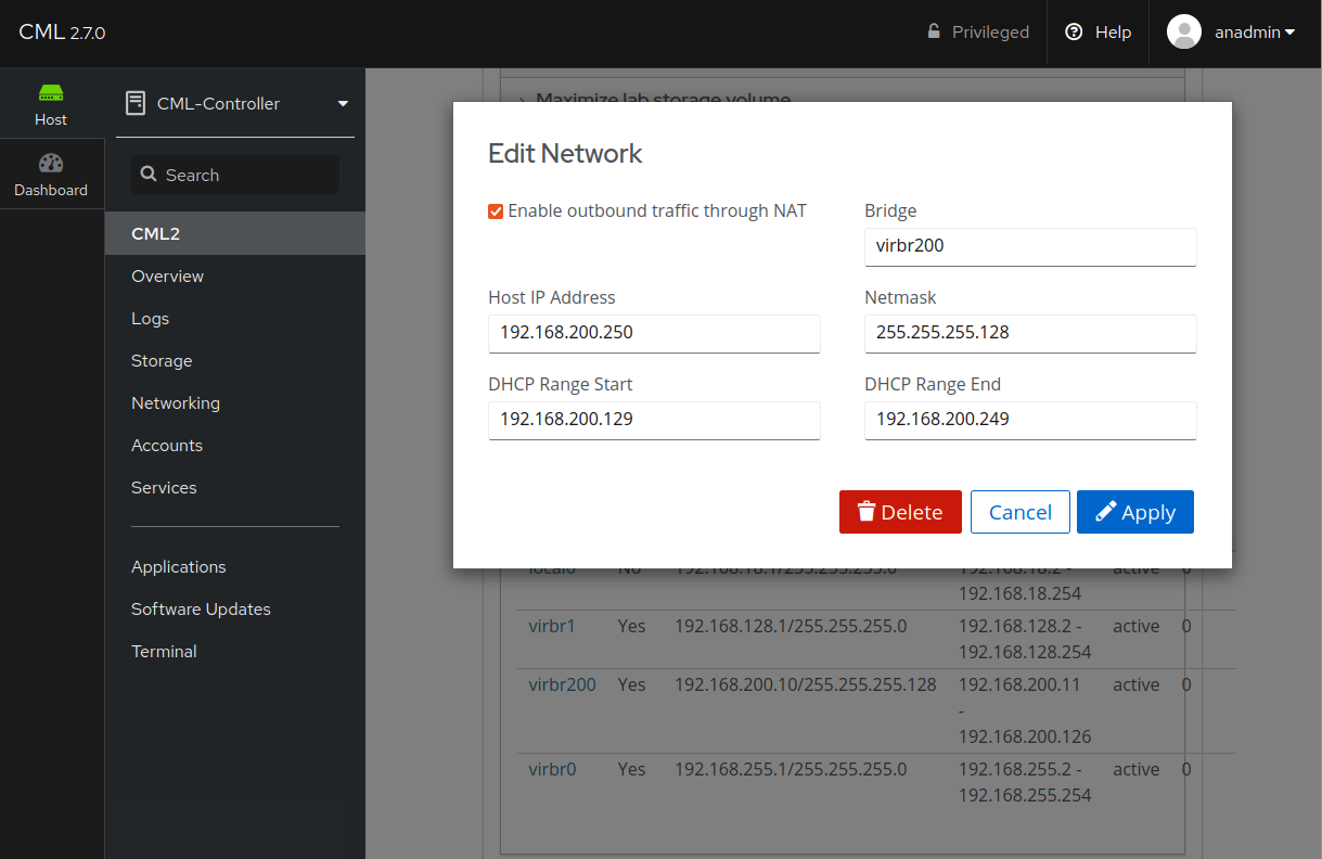 Edit DHCP Network Dialog
