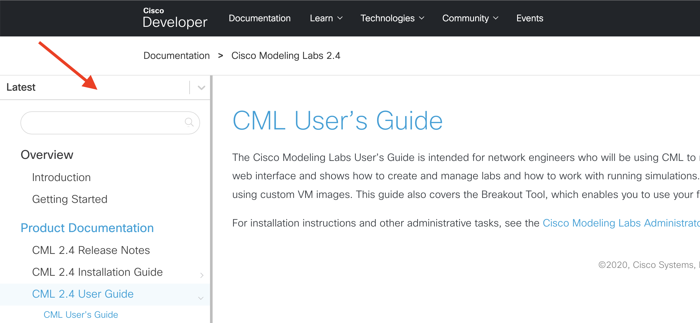 CML release notes version dropdown