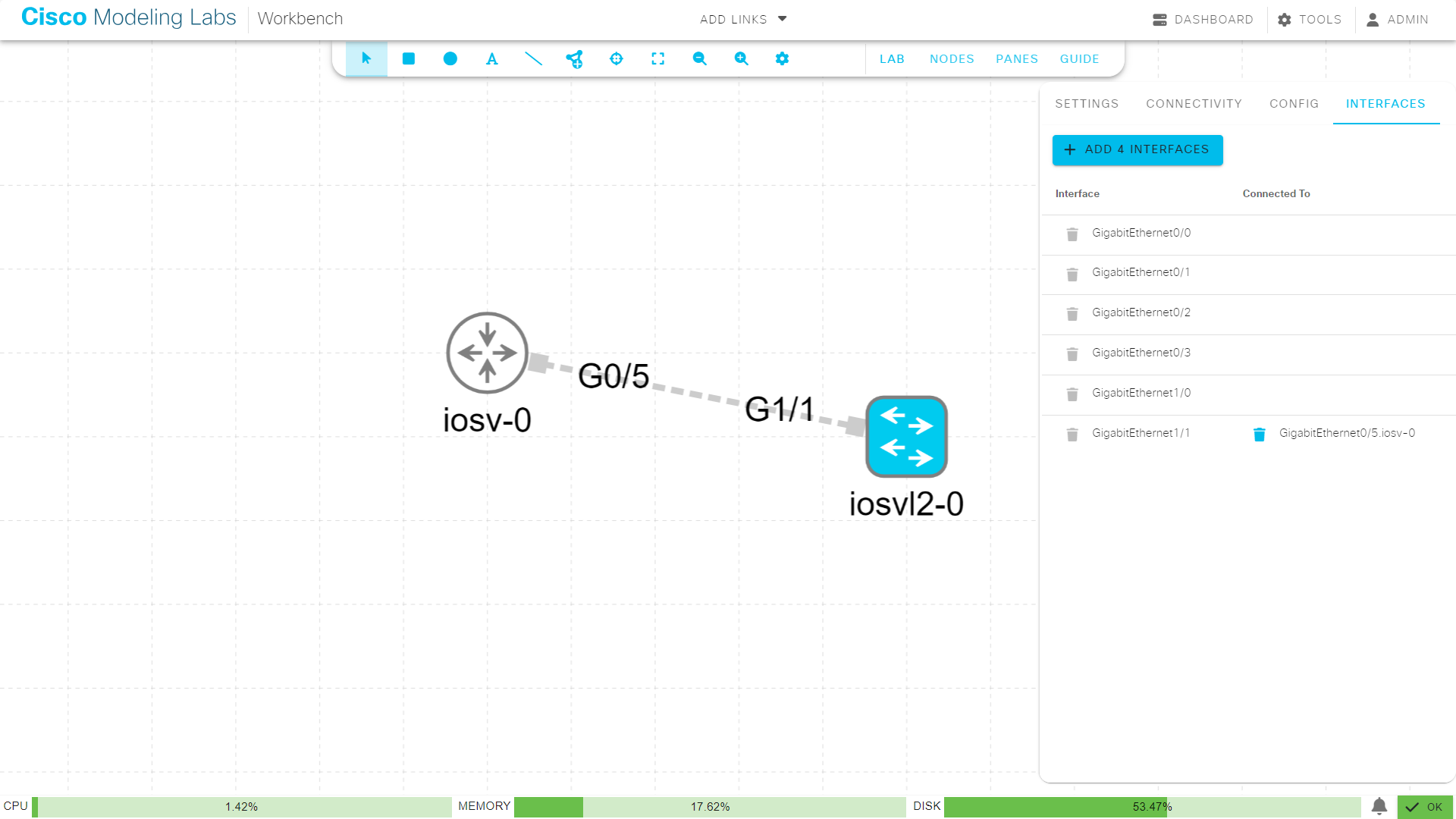 The Interfaces pane for a node in the Workbench.