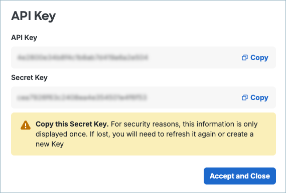Secure Access API key and secret copy screen