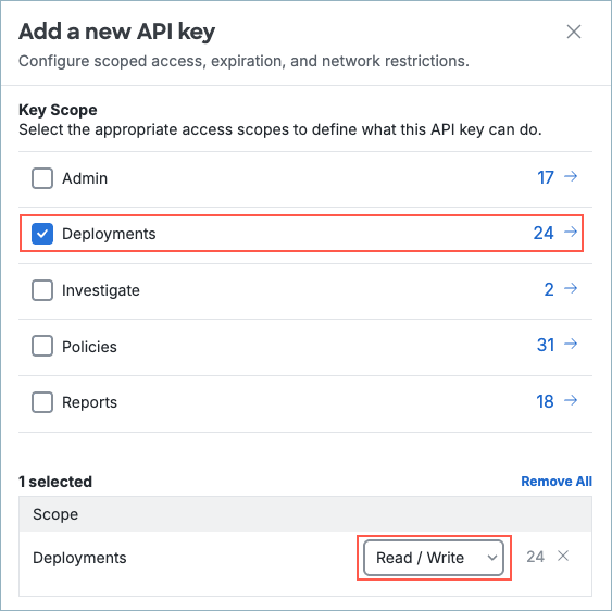 Secure Access API key scope and access level selection