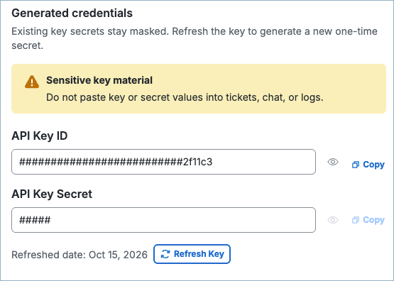 Secure Access KeyAdmin API generated credentials and Refresh Key button