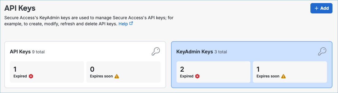 Secure Access API Keys page showing the KeyAdmin Keys tile and its total and expiration status counts