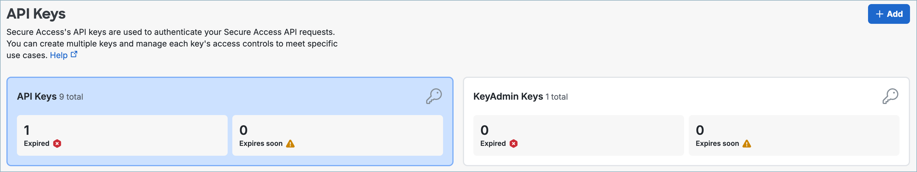 Secure Access API Keys page showing the API Keys tile and its total and expiration status counts