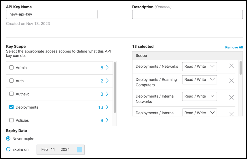 Umbrella API scope and expiry date