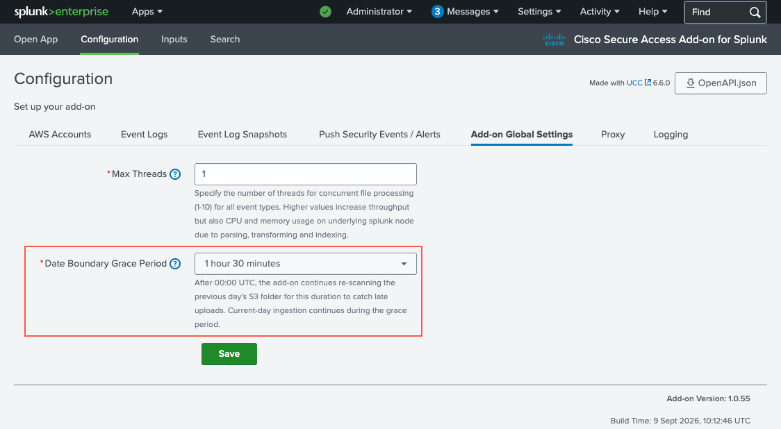 The Add-on Global Settings page with the Date Boundary Grace Period setting highlighted