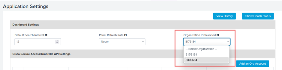 Splunk App Secure Access or Umbrella API organization settings