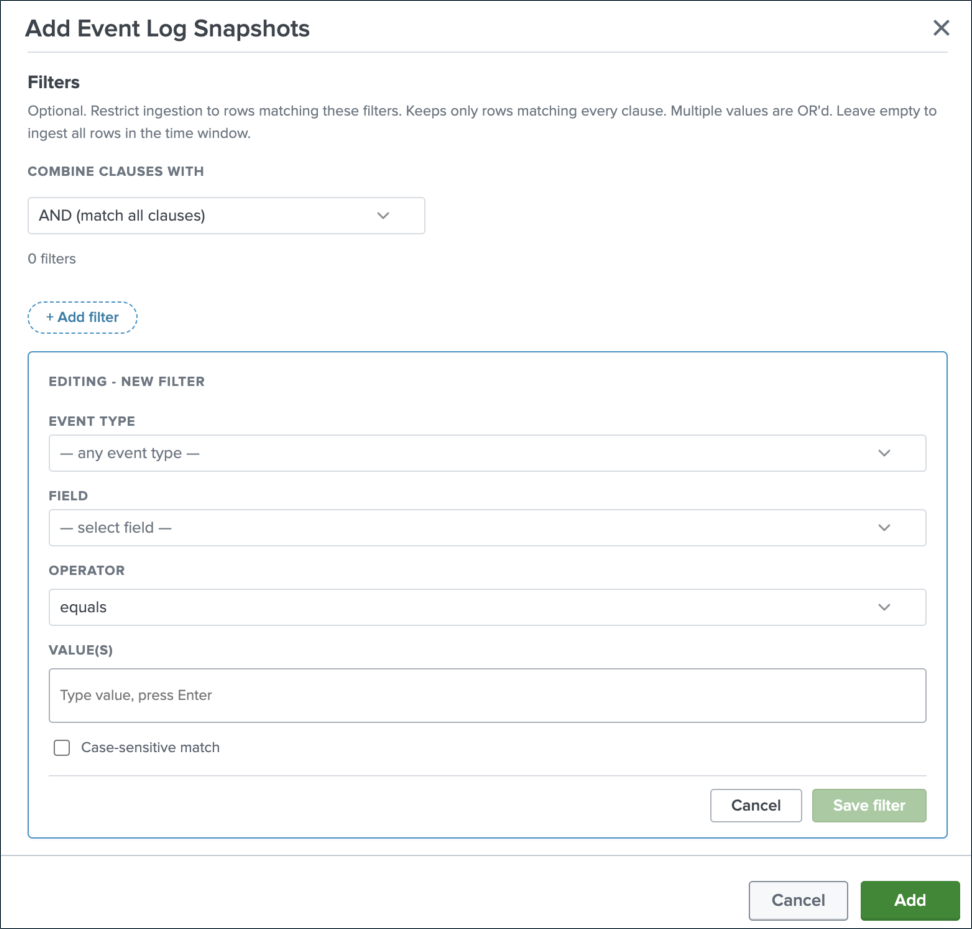 Field-value filters for an event log snapshot