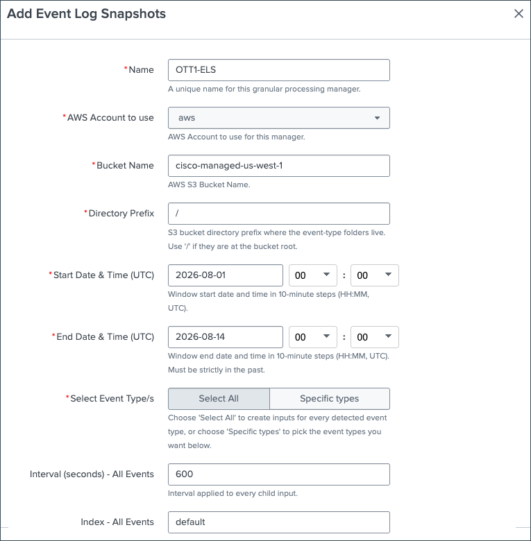 Add Event Log Snapshots dialog with the historical time window and event settings
