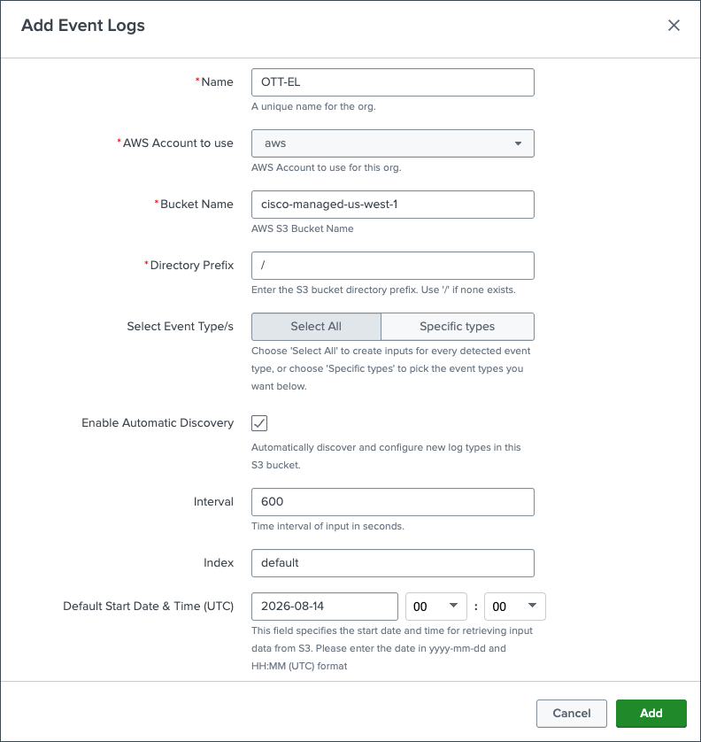 Add Event Logs dialog with event-type, automatic-discovery, interval, index, and start date and time settings