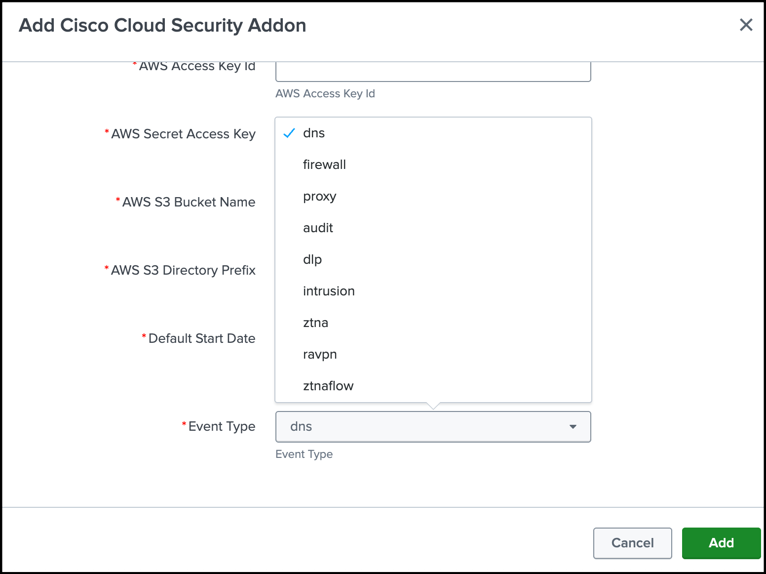 Cisco Secure Access Add-On Configure Event Logs