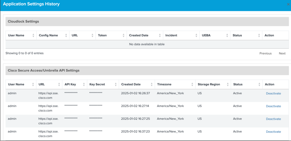 Application Settings History