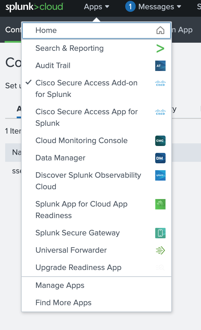 Cisco Secure Access App for Splunk Apps Menu