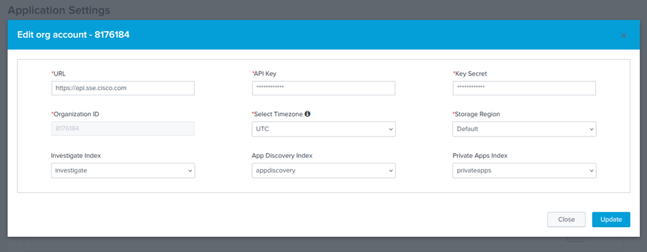 Splunk App Secure Access or Umbrella API organization settings