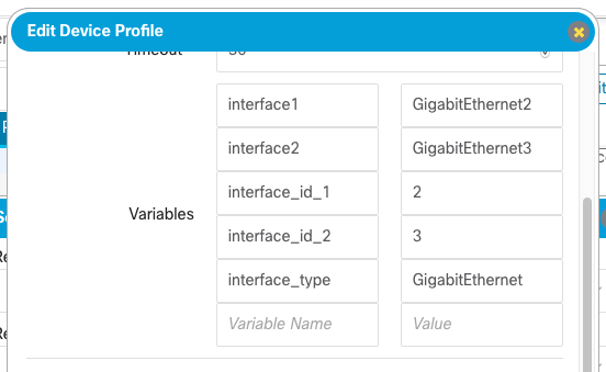 Screenshot showing variable names and values defined in a device profile.