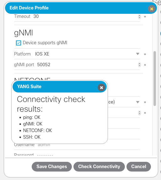 Screenshot showing a device profile being edited to add gNMI support