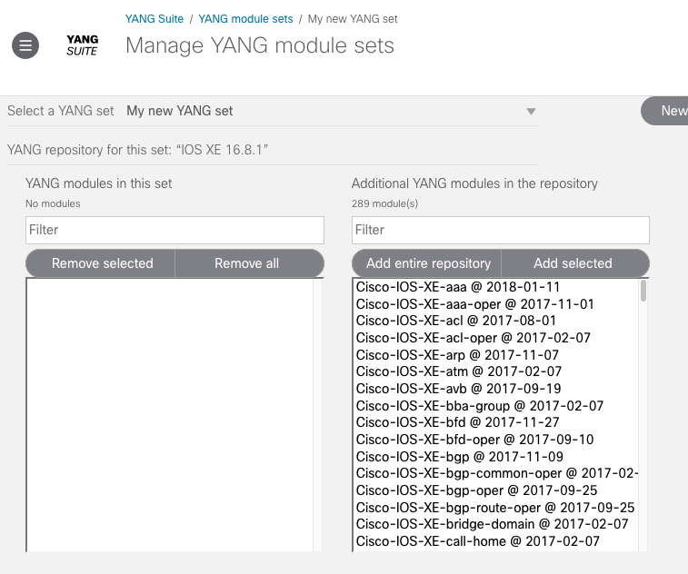 Screenshot showing freshly created empty YANG module set.
