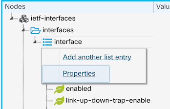 Screenshot displaying properties menu of ietf-interfaces when right-clicked
