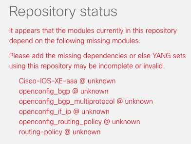 Screenshot showing list of YANG module dependencies missing from the YANG repository