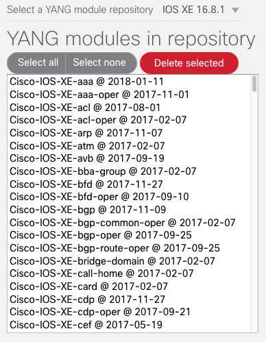 Screenshot showing listing of YANG modules in the repository and buttons used to delete extraneous modules.